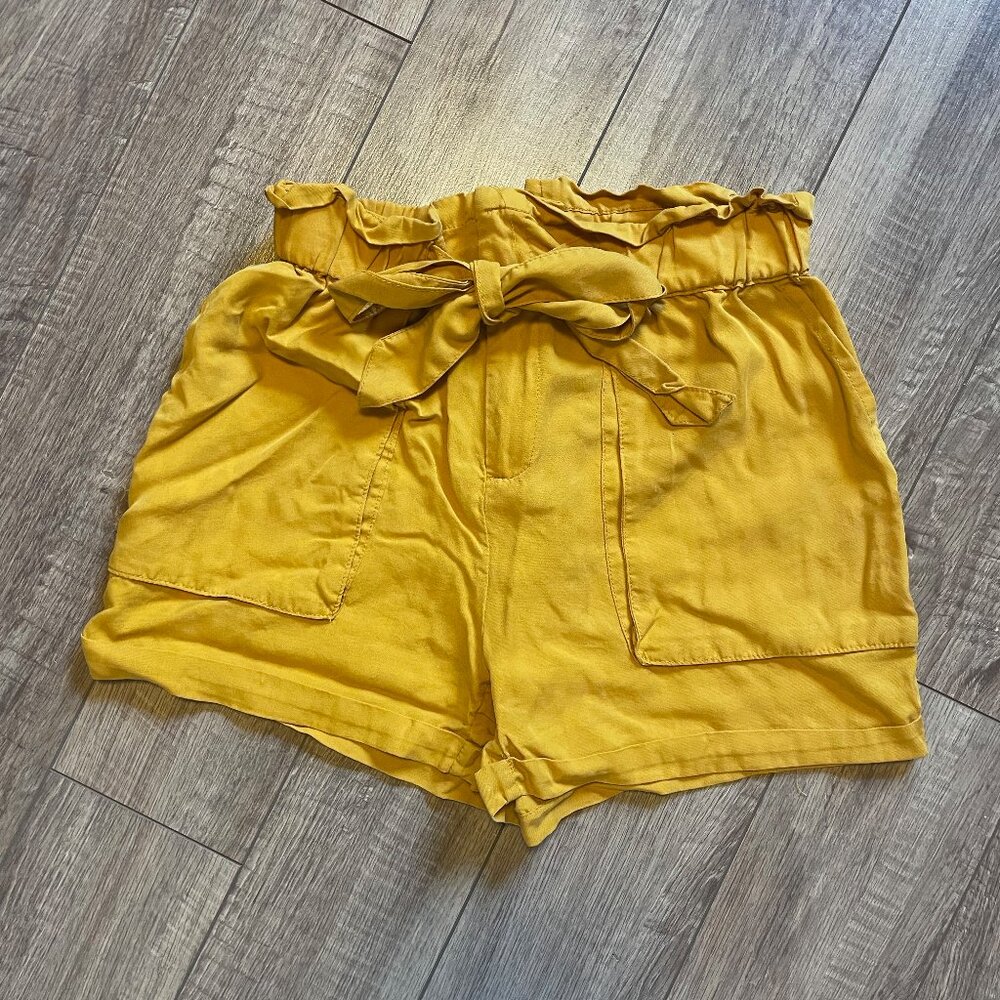 Mustard yellow paperbag shorts, belted tie front, full pockets